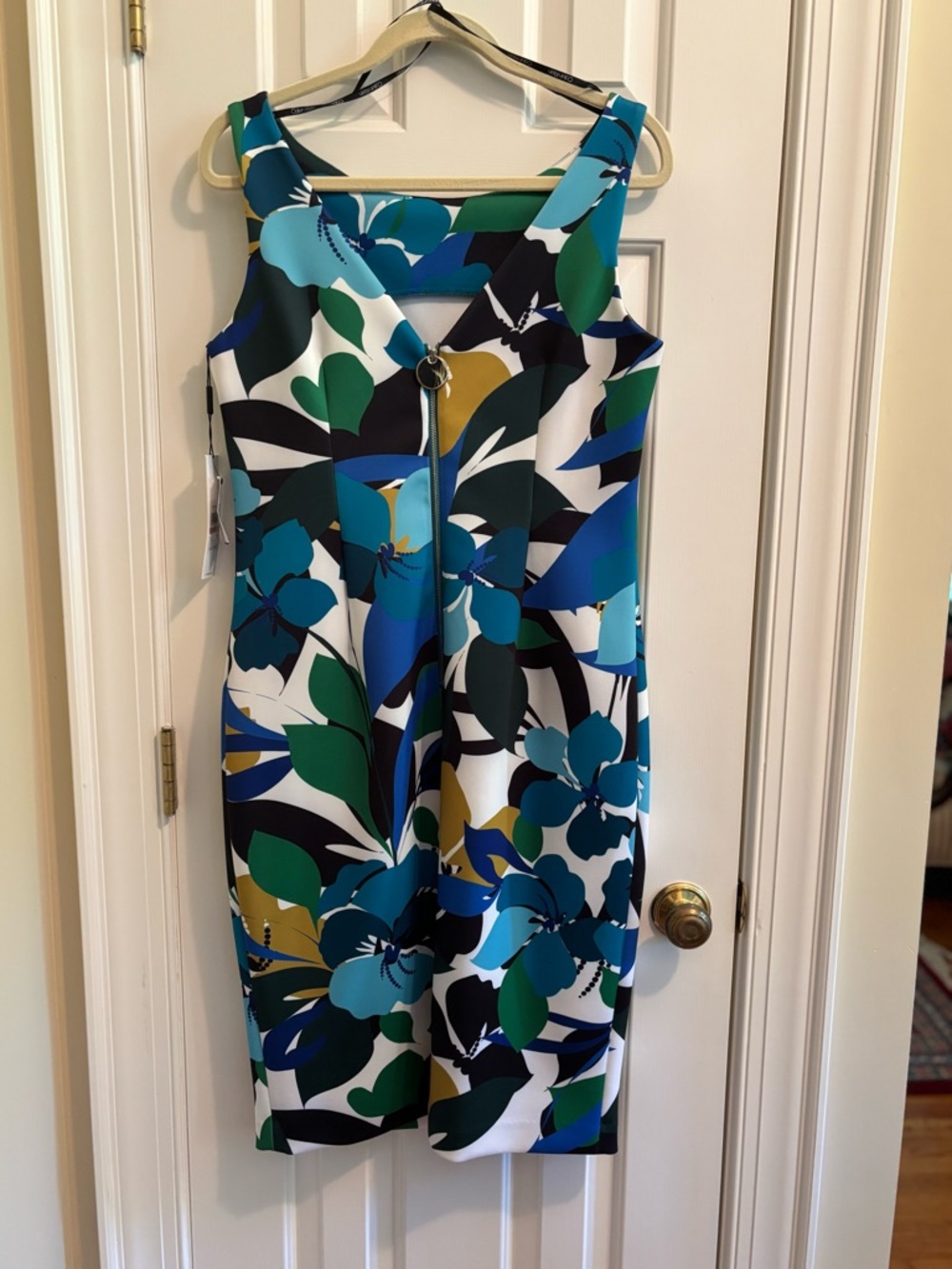Calvin Klein Floral Sheath Midi Dress in Teal, Blue, Green & Gold - Picture 3 of 5